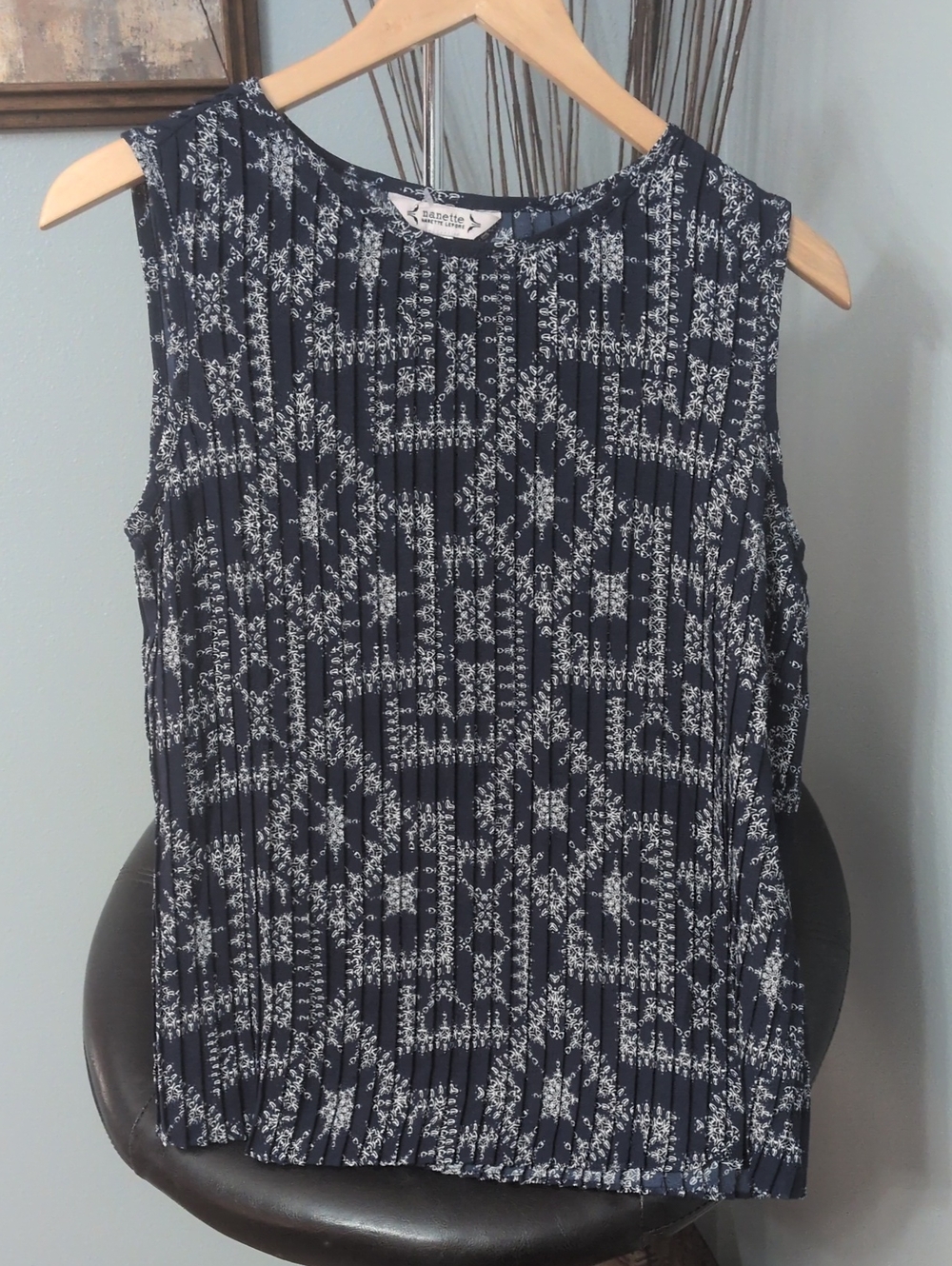 Nanette Lepore Navy and White Printed Pleated Sleeveless Cami